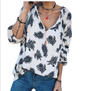 NWT boho blouse white with blue pattern